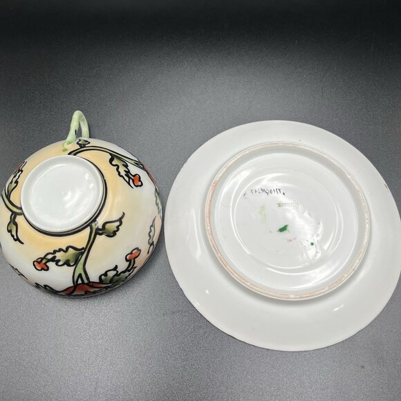 Antique Hand Painted Japan Teacup & Germany Porcelain Saucer Mismatched Art Deco - Picture 4 of 7